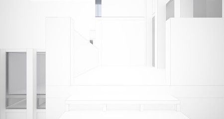 Abstract architectural white interior of a minimalist house with large windows. Drawing. 3D illustration and rendering.