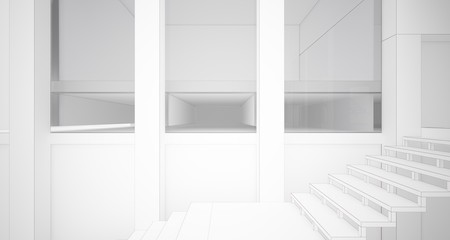 Abstract architectural white interior of a minimalist house with large windows. Drawing. 3D illustration and rendering.