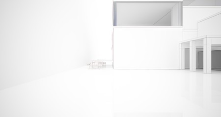 Abstract architectural white interior of a minimalist house with large windows. Drawing. 3D illustration and rendering.