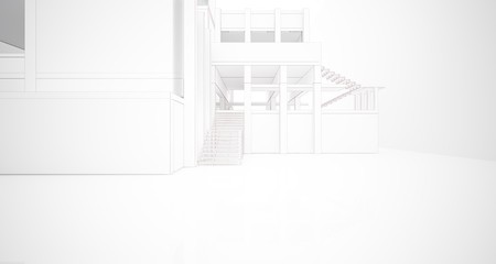 Abstract architectural white interior of a minimalist house with large windows. Drawing. 3D illustration and rendering.