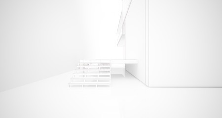 Abstract architectural white interior of a minimalist house with large windows. Drawing. 3D illustration and rendering.