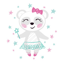 Panda baby girl cute print. Sweet bear with magic wand, bow, ballet tutu, pointe shoes.