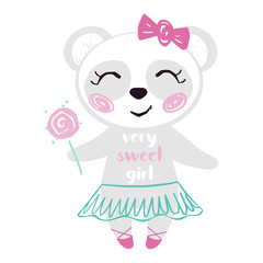 Fototapeta na wymiar Panda baby girl cute print. Sweet bear with lollipop, bow, ballet tutu, pointe shoes and very sweet girl slogan.