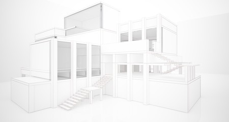 Abstract architectural white interior of a minimalist house with large windows. Drawing. 3D illustration and rendering.