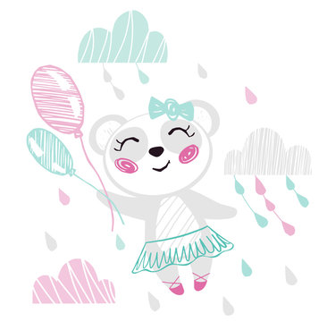 Panda baby girl cute print. Bear flying on balloons among clouds with ballet tutu, pointe, shoes