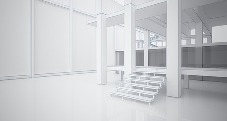 Fototapeta premium Abstract architectural white interior of a minimalist house with large windows. Drawing. 3D illustration and rendering.