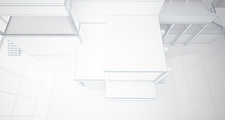 Abstract architectural white interior of a minimalist house with large windows. Drawing. 3D illustration and rendering.