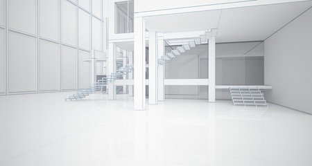 Abstract architectural white interior of a minimalist house with large windows. Drawing. 3D illustration and rendering.