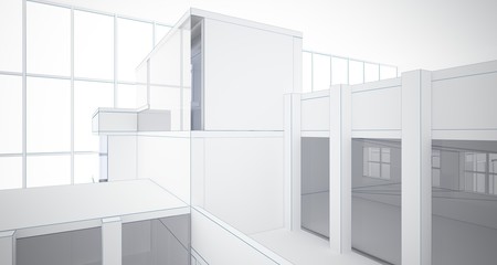 Abstract architectural white interior of a minimalist house with large windows. Drawing. 3D illustration and rendering.