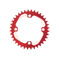 Top view of red chainring component for bicycles isolated on white background