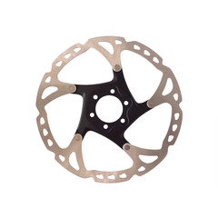 Disc brake rotor for mountain bikes isolated on white background. Bicycles equipment