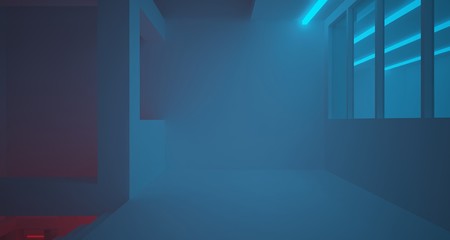 Abstract architectural white interior of a minimalist house with color gradient neon lighting. 3D illustration and rendering.