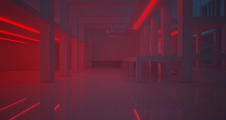 Abstract architectural white interior of a minimalist house with color gradient neon lighting. 3D illustration and rendering.