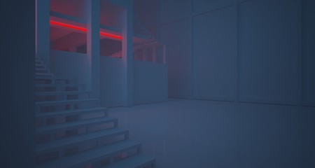 Abstract architectural concrete and white interior of a minimalist house with color gradient neon lighting. 3D illustration and rendering.