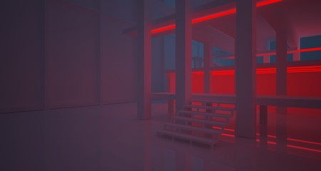 Abstract architectural concrete and white interior of a minimalist house with color gradient neon lighting. 3D illustration and rendering.