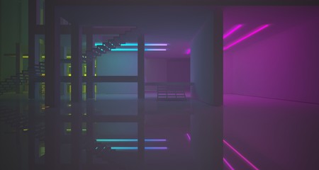 Abstract architectural concrete and white interior of a minimalist house with color gradient neon lighting. 3D illustration and rendering.