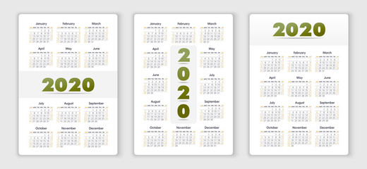 Vector calendar 2020 year. Week starts from Sunday