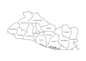 Vector isolated illustration of simplified administrative map of El Salvador. Borders and names of the departments (regions). Black line silhouettes