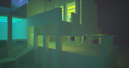 Fototapeta premium Abstract architectural concrete and white interior of a minimalist house with color gradient neon lighting. 3D illustration and rendering.