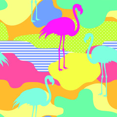 Seamless pattern with pink flamingos. Vector.