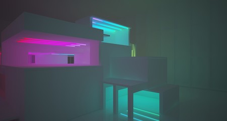 Abstract architectural concrete interior of a minimalist house with color gradient neon lighting. 3D illustration and rendering.