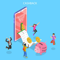 Isometric flat vector concept of cash back, loyalty program campaign, money refund.