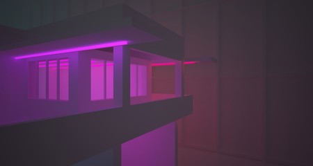 Abstract architectural concrete interior of a minimalist house with color gradient neon lighting. 3D illustration and rendering.