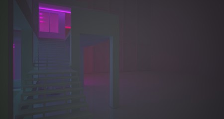 Abstract architectural concrete interior of a minimalist house with color gradient neon lighting. 3D illustration and rendering.