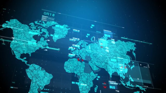 World map Futuristic user interface HUD GUI digital text number element for cyber technology concept with dark and grain processed