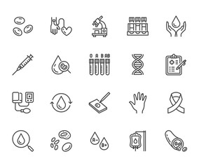 Hematology flat line icons set. Blood cell, vessel, sphygmomanometer, dna test, biochemical microscope vector illustrations. Outline signs for donor day. Pixel perfect 64x64. Editable Strokes
