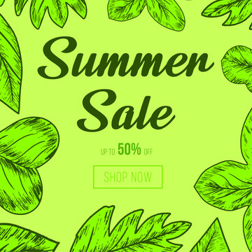 Green Leaves With Hatching Summer Sale, Design for social media banner, poster, email, newsletter, ad, leaflet, placard, brochure, flyer, web sticker