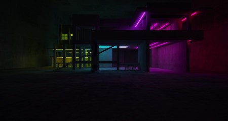 Abstract architectural concrete and white interior of a minimalist house with color gradient neon lighting. 3D illustration and rendering.