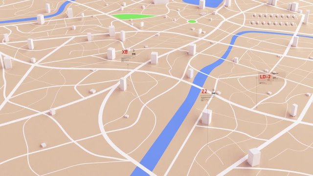 Aerial view of gps navigation map with futuristic HUD GUI digital text number element for cyber technology concept dark and grain processed