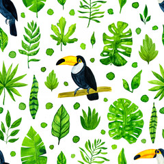 Watercolor tropical leaves and toucans. Seamless pattern background