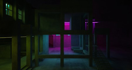 Abstract architectural concrete and white interior of a minimalist house with color gradient neon lighting. 3D illustration and rendering.