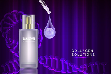 Beauty product ad design, purple cosmetic containers with collagen solution advertising background ready to use, luxury skin care banner, illustration vector.	