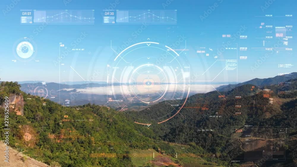 Poster drone shot flying aerial view with user interface text graph bar and target pointer element futurist