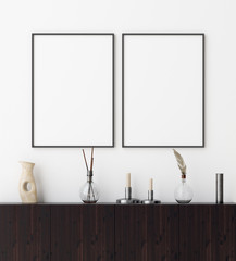 Mock-up poster frame in decorated room interior, Scandinavian style, 3d render