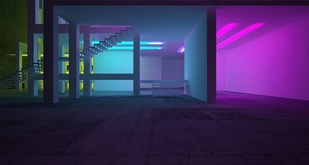 Abstract architectural concrete and white interior of a minimalist house with color gradient neon lighting. 3D illustration and rendering.