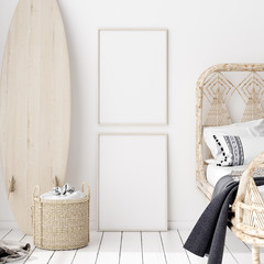 Mock-up poster,wall in bedroom, Scandinavian style, 3d render