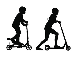 Sister and brother riding scooter vector silhouette. Kids on kick board enjoying together. Little girl and boy active outdoor fun entertainment. Children roller sport. Friends rent electric scooter.