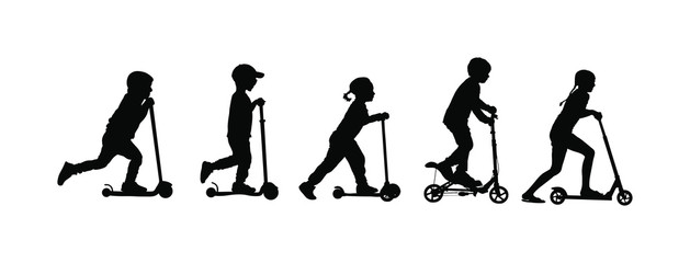 Group of children riding scooter vector silhouette. Kids on kick board enjoying together. Active outdoor fun and entertainment for boys and girls. Roller sport. Friends rent electric scooter on travel