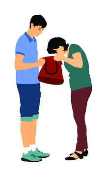 Woman looking for a wallet, keys on bag, vector illustration. Stressful situation on street, loss of money. Tourist lady lost passport. Problem at the border. No payment card searching victim of crime