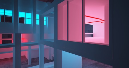 Abstract architectural concrete and white interior of a minimalist house with color gradient neon lighting. 3D illustration and rendering.