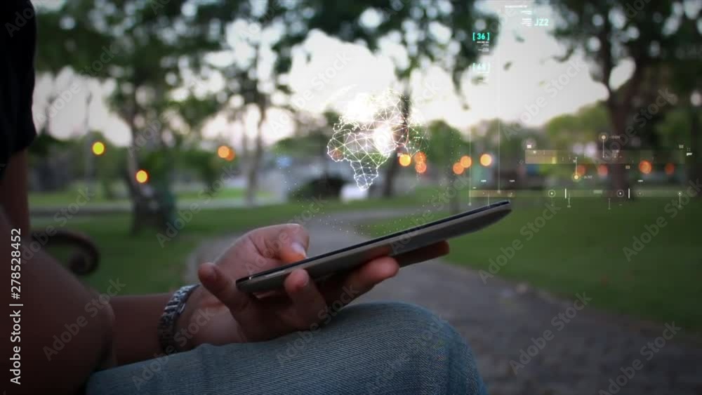 Poster close up shot hands of woman using mobile smart phone futuristic user interface hud gui digital text