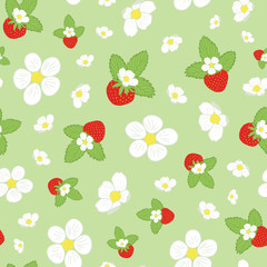 Floral vector seamless pattern with strawberry, leaves and flowers. Gentle blossom design is perfect for summer and spring projects,  garden and kitchen goods, textile, accessories, wrapping paper.