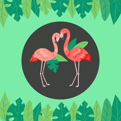 Flamingo couple with bright green jungle palm monstera leaves banner vector illustration. Tropical print for invitation, birthday, celebration, greeting card. Exotic rain forest trees.