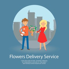 Flowers delivery service banner vector illustration. Smiling courier boy holding bouquet and order check list paperclip. Man character giving flowers ro receiver woman on city background.