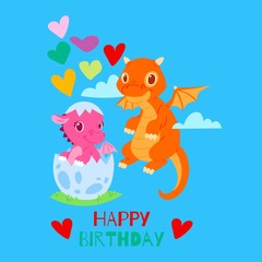 Dragons happy birthday card, banner vector illustration. Cartoon funny little dragons with wings. Fairy dinosaurs flying near baby character hatching from egg. Lovely hearts.