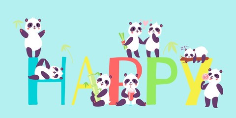 Panda characters in different positions banner vector illustration. Chinese bear newborn happy panda toys. Animal drinking cocktail, eating lollipop sleeping on tree branch.